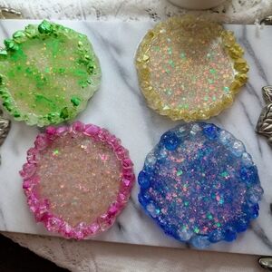 Handcrafted Glitter Resin Coasters - Set of 4 (Pink, Blue, Green, Yellow)